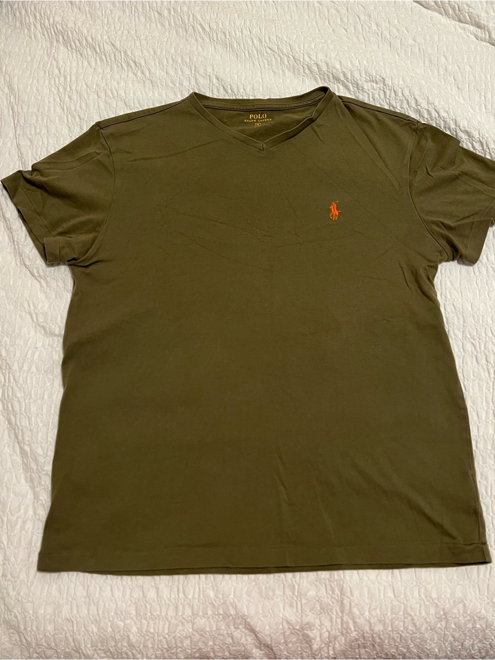 Ralph Lauren Olive V-Neck Tee with Orange Pony